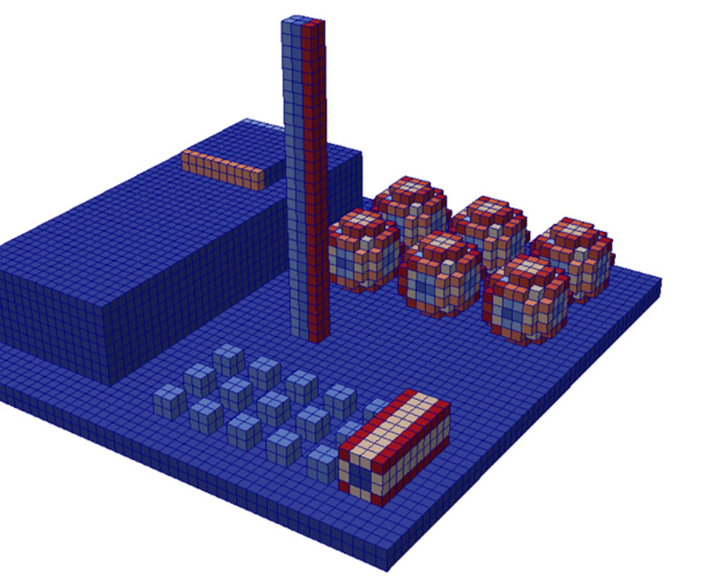 Example of a geometry parametrised by porosities. Blue represents the region in the computational domain with zero porosity, where there is no flow.